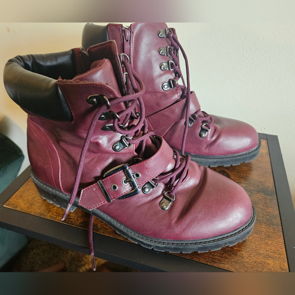 Torrid Burgundy Chunky Combat Boots With Strap size 11